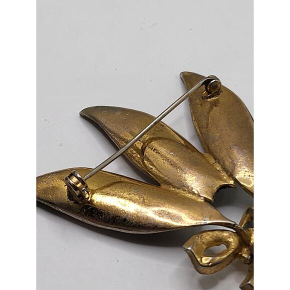 Vintage green enamel leaf brooch gold tone bow rhinestones mid-century jewelry - Picture 8 of 8
